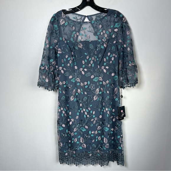 NWT Adrianna Papell Floral Embroidered Bell Sleeves Sheath Dress Gray/dusty  Sz 2